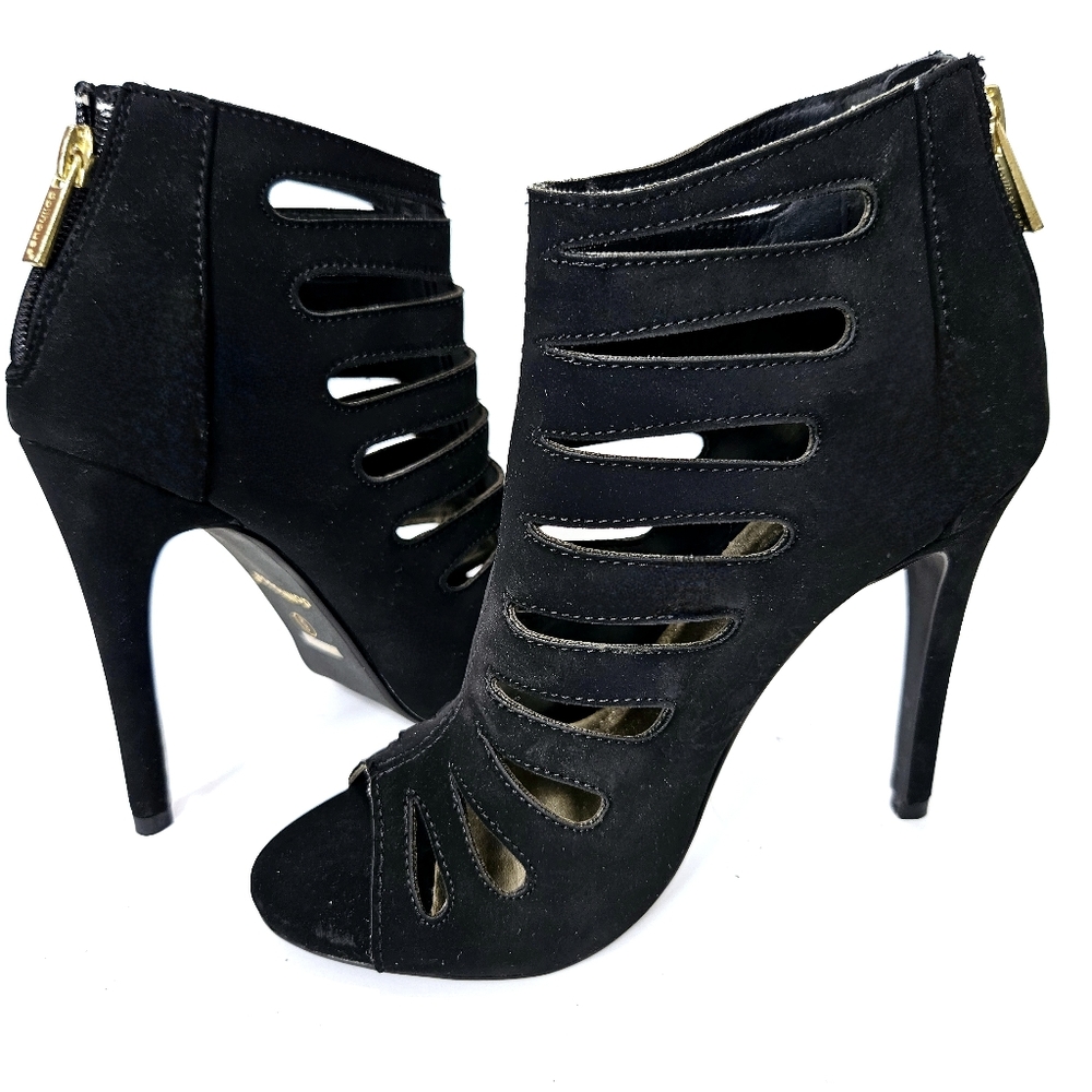 DOLLHOUSE Black Velvet Stiletto Heels, Peeptoe, Zipper Back Sz 8 - Picture 2 of 6